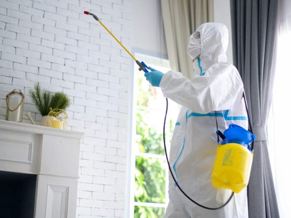 A medical staff in PPE suit is using disinfectant spray in living room, Covid-19 protection , disinfection concept .